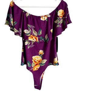 Minette Body Suit Ruffle Top Purple with Yellow Flowers XL NEW